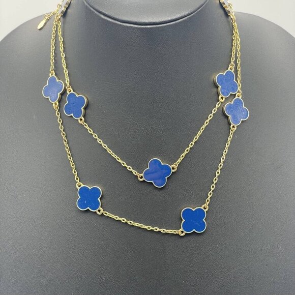 Fornash Blue Enamel Station Four Leaf Flower Chain Necklace Gold Tone 40 Inches - Picture 2 of 6